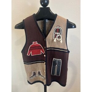 Christopher & Banks Vintage Hand Embroidered Novelty Knit Sweater Vest Brown M‎
